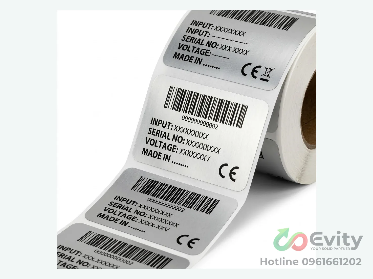 Cuộn tem bạc in mã vạch chất liệu nhựa PET phủ kim loại bạc trên nền trắng
